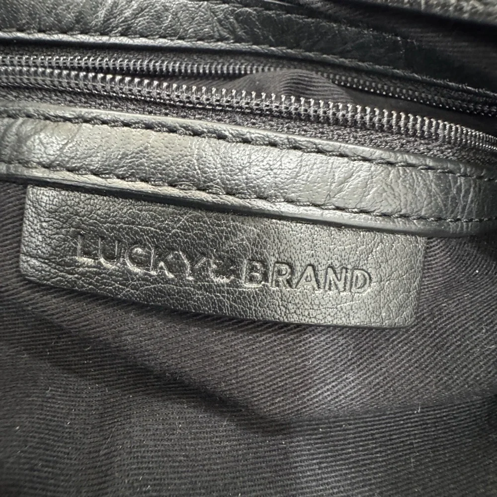Lucky Brand Black Pebbled Leather Studded Flap Backpack Bag
